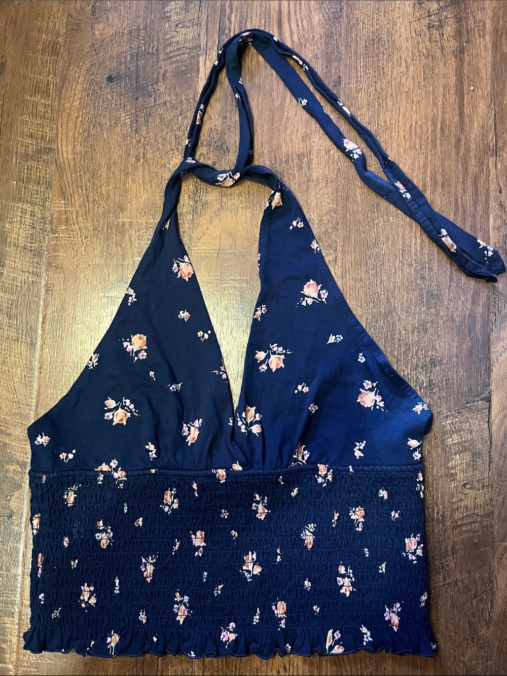 American Eagle Outfitters Navy Floral Smocked Crop Halter